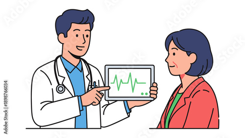 Medical Consultation: A caring doctor discusses health, illustrating a patient's health condition on a digital screen, promoting healthcare and patient education.