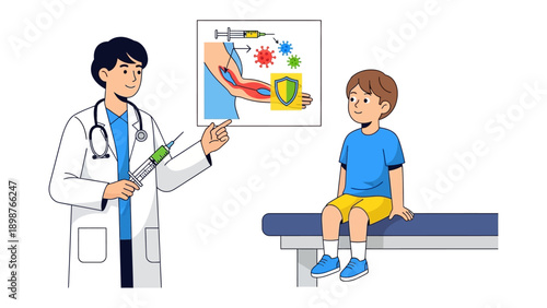 Doctor Explaining Vaccination: A compassionate doctor, holding a syringe, explains the science of vaccination to a young patient, a visual guide illustrating the process for the child.