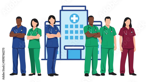 Healthcare Heroes Stand United: A dedicated team of medical professionals, standing tall in front of the hospital, embodying strength, compassion, and unwavering commitment to care.