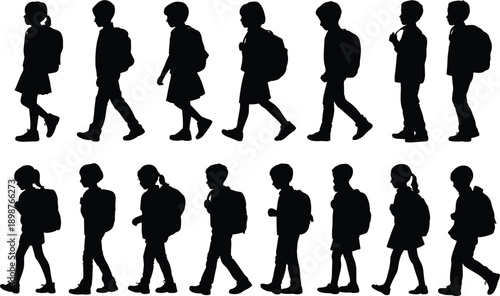 Silhouette of elementary school children with backpacks walking to class, diverse group of students going to school on white background