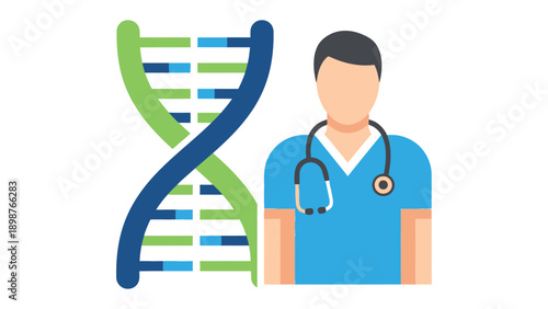 Healthcare Guardian of Genetic Code: An illustration portrays a medical professional standing beside a vibrant representation of DNA.