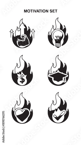 Motivation Flame Icon Set with Circular Emblem Variants in Black and White.
