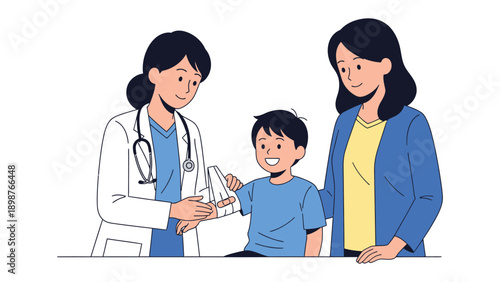 Pediatric Consultation: A caring doctor interacts with a young child and his mother, symbolizing a healthcare visit, medical checkup, and family health.