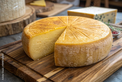 Wallpaper Mural Cheese wheel dairy yellow round aged rustic wooden board slice gourmet appetizer savory delicious textured artisan snack food fresh natural traditional farm organic creamy rich lunch cuisine Torontodigital.ca