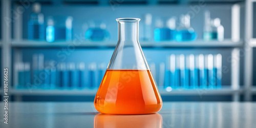 Wallpaper Mural Chemistry flask orange liquid laboratory glassware scientific experiment transparent container science research clean modern reflective surface focus Torontodigital.ca