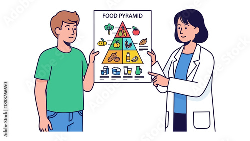 Healthy Eating Guidance: A nutritionist offers personalized guidance on nutrition, demonstrating a food pyramid, promoting informed choices for a balanced diet and wellness.