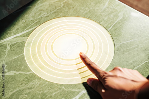 Wallpaper Mural Close up finger touching glowing golden light circle on green marble surface modern technology interactive innovation curiosity warm sunlight creative concept Torontodigital.ca