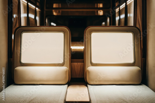 Wallpaper Mural Modern luxury train cabin interior with two comfortable seats, soft lighting, and wooden accents, creating cozy and futuristic travel atmosphere for relaxation and privacy Torontodigital.ca