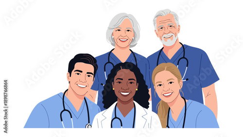 Caring Team of Healthcare Professionals: A team of smiling healthcare professionals of diverse backgrounds. They are united by their dedication to caring for people
