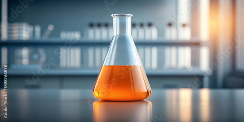 Wallpaper Mural Glass flask orange solution laboratory experiment science chemistry liquid transparent equipment research. Glass flask with orange solution laboratory table scientific experiment progress modern Torontodigital.ca