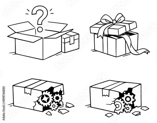 Hand drawn line art box set featuring a question mark, gears, and a ribbon for e-commerce and innovation