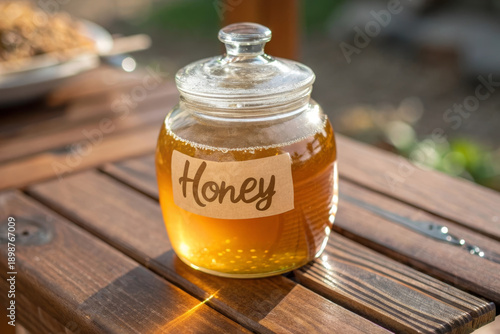 Wallpaper Mural Glass honey jar golden liquid clear lid wooden table sunlight outdoor natural sweetener rustic style healthy food organic product warm atmosphere Torontodigital.ca