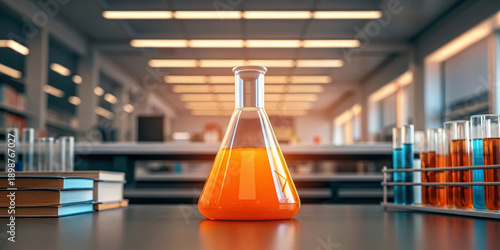 Wallpaper Mural Laboratory experiment orange chemical solution glassware beaker science research modern laboratory equipment books test tube bright clean academic education innovation discovery liquid transparent Torontodigital.ca