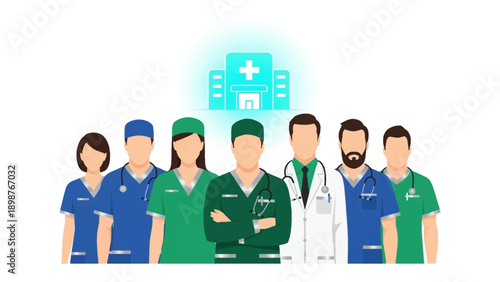 Healthcare Heroes United: A dedicated team of medical professionals, united under a symbolic hospital icon, embodying compassion, care, and expertise in the realm of health.
