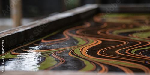 Wallpaper Mural Macro abstract liquid pattern with smooth orange green and black swirls glossy surface artistic texture close up creative background modern design fluid movement vibrant color contrast Torontodigital.ca