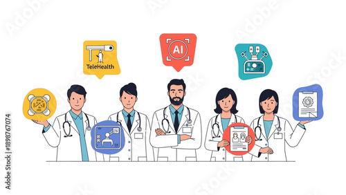 Medical Team: Illustrating a unified team of doctors, each holding different medical technologies, and innovation in health care. 