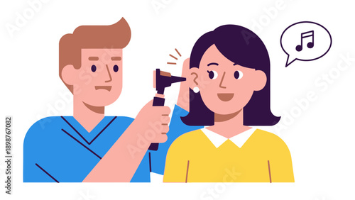 Sound of Care: A health professional examining a patient's ear with an otoscope, a speech bubble indicating the sense of hearing. 