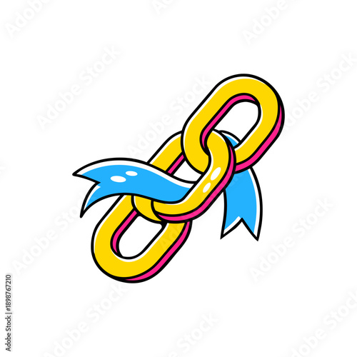 Chain link with blue prize ribbon. Flat vector illustration for website backlinking and  network connectivity.