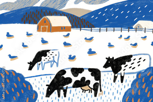 Wallpaper Mural Peaceful farm animal scene with livestock and open snowy field, cows grazing, ducks resting, rustic barn, winter landscape, blue and orange color palette, tranquil rural atmosphere Torontodigital.ca