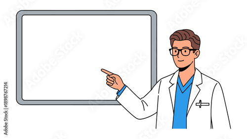 Doctor's Presentation: A healthcare professional, clad in a crisp white coat, gestures towards a blank whiteboard, ready to explain and elucidate. A symbol of knowledge.