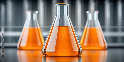 Wallpaper Mural Close up laboratory glassware filled with orange liquid, scientific experiment, chemistry research, transparent flask, modern lab background, clean, reflective surface Torontodigital.ca