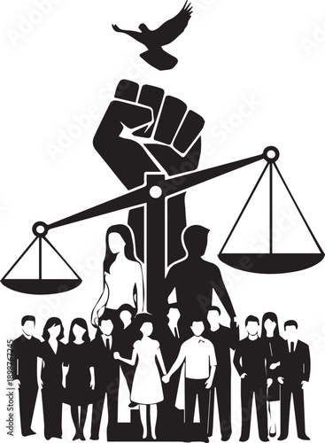 Diverse group of people standing together under scales of justice with clenched fist and dove