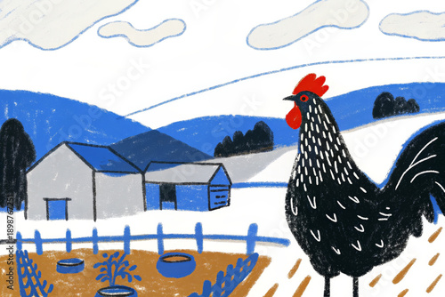 Wallpaper Mural Rooster countryside farm barn fence field rural landscape animal poultry blue red black white sky cloud agriculture livestock outdoors nature drawing illustration cartoon morning sunrise peaceful Torontodigital.ca