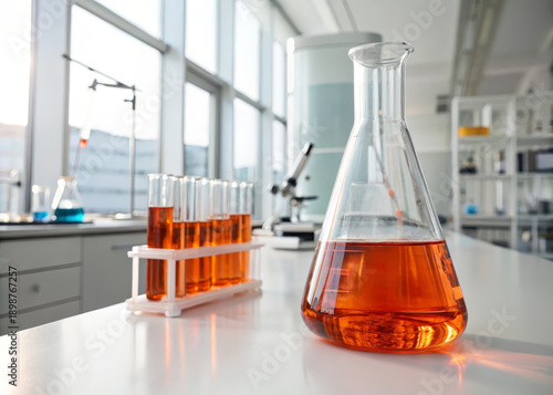 Wallpaper Mural Laboratory glass flask orange liquid test tube science chemistry research experiment modern equipment create bright clean and innovative laboratory environment for scientific discovery Torontodigital.ca