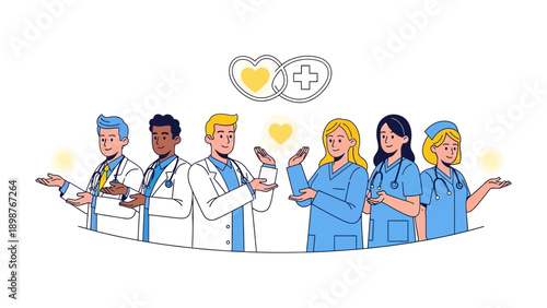 Medical team unity: A line of medical professionals stands together, representing the unity and collaboration within the healthcare field. In the image, a sense of teamwork and dedication.