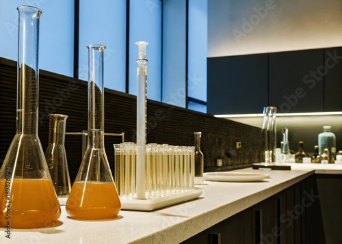 Wallpaper Mural Laboratory glassware orange liquid test tube beaker modern laboratory scientific research clean workspace chemical experiment contemporary design science equipment Torontodigital.ca