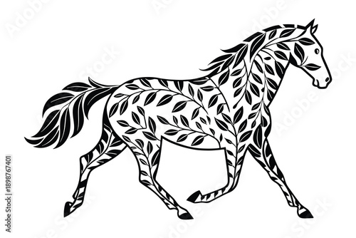 Ornate Black and White Leaf Horse Running Vector Illustration
