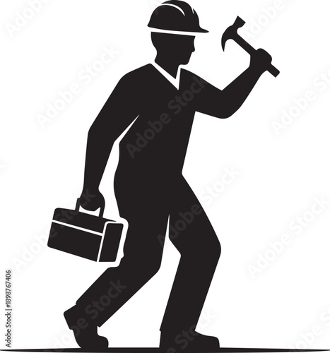 Worker in hard hat carrying toolbox and hammer