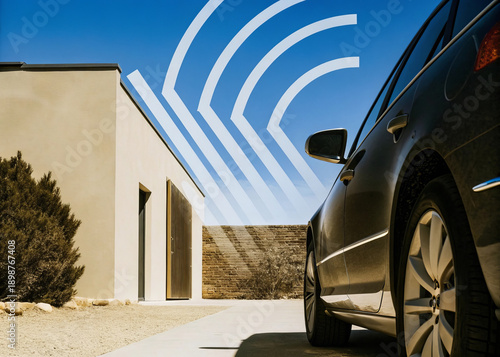 Wallpaper Mural Modern car parked on driveway beside contemporary house, clear blue sky, geometric white lines overlay, sunny day, minimal landscaping, calm atmosphere Torontodigital.ca