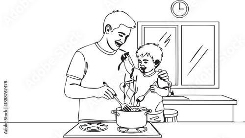 Man and child cooking together in a kitchen with pots on the stove and a clock on the wall