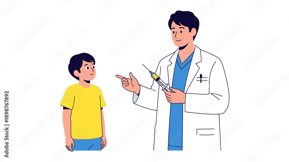 Fototapeta premium Vaccination Consultation: A doctor explains the process of vaccination to a young patient, highlighting the importance of preventative care and the assurance of well-being.