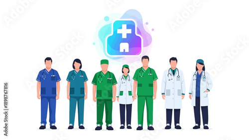 Healthcare Heroes: A team of dedicated healthcare professionals, united in their mission to provide care, stand together symbolizing compassion and expertise within the medical field.