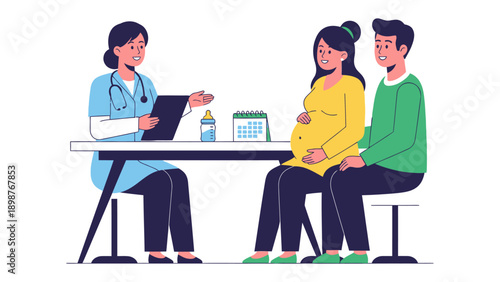 Prenatal Checkup: A pregnant woman and her partner consult with a healthcare professional during a prenatal checkup.