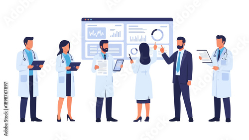 Healthcare Professionals in Collaboration: A dedicated assembly of medical experts collaborating on a medical report, engaged in a discussion while analyzing data.