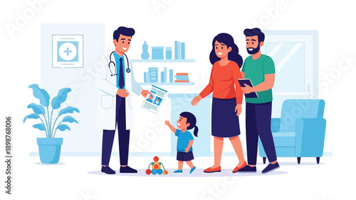Doctor Consultation: In a clean and inviting medical office, a caring doctor engages with a young child and their parents, sharing important medical information and fostering trust and well-being.