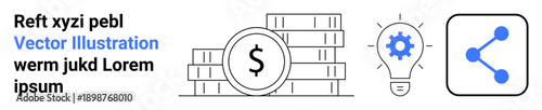 Business growth, financial innovation, digital sharing, investment, connectivity, creative solutions. Stack of coins, light bulb and share icon. Financial growth and digital sharing