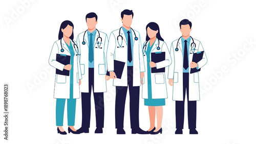 Medical Professionals: A diverse team of medical professionals, in smart attire, standing united, embodying trust and expertise. The doctors, equipped with stethoscopes.