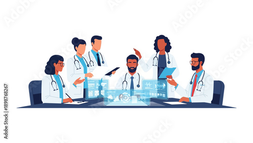 Medical Professionals in Meeting: A group of dedicated medical experts, dressed in white coats, engages in a focused discussion around a table.