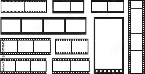 Collection of black strips with perforations and blank frames on a white background cinema vintage retro