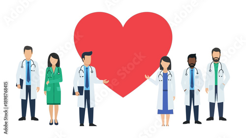 Healthcare Heroes: A compassionate assembly of healthcare professionals stands united, forming a supportive community centered around the symbol of a nurturing heart.