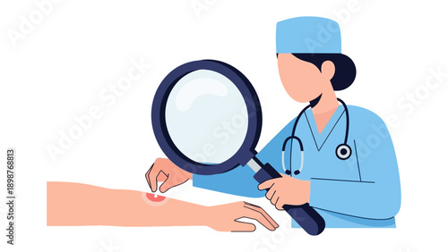 Medical Examination: A healthcare professional meticulously examines a patient's skin using a magnifying glass, focusing on the details of a skin condition.
