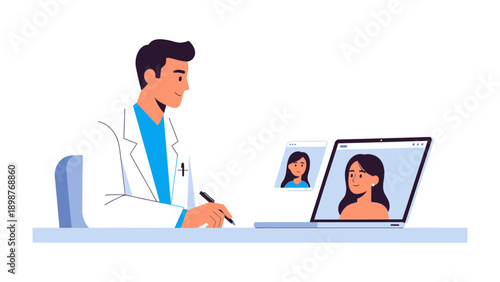 Telemedicine Consultation: A physician provides online healthcare, interacting with a patient via laptop screen, highlighting the modern approach to healthcare delivery.