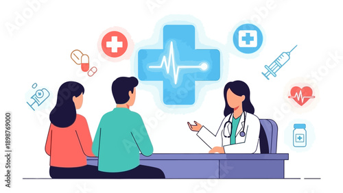 Consultation and Care: A doctor in a white coat consulting with patient, showing attentive interaction, symbolized by health icons.