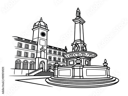 Historic European Plaza Fountain Vector Illustration Line Art