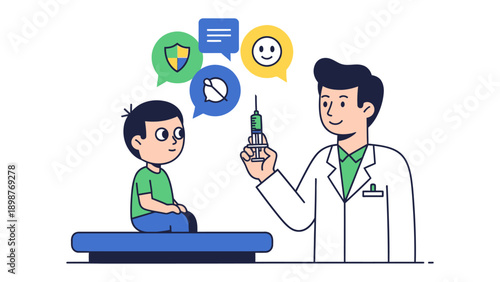 Medical Consultation: In this vibrant illustration, a friendly medical professional prepares to administer a vaccine to a young patient, symbolized by safety and care.