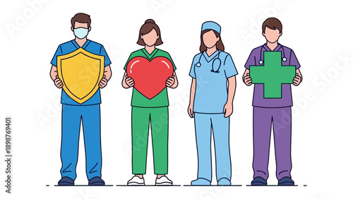 Healthcare Heroes: A group of dedicated healthcare workers stand united, each holding symbols of protection, care, and healing, representing their unwavering commitment to the well-being of others.